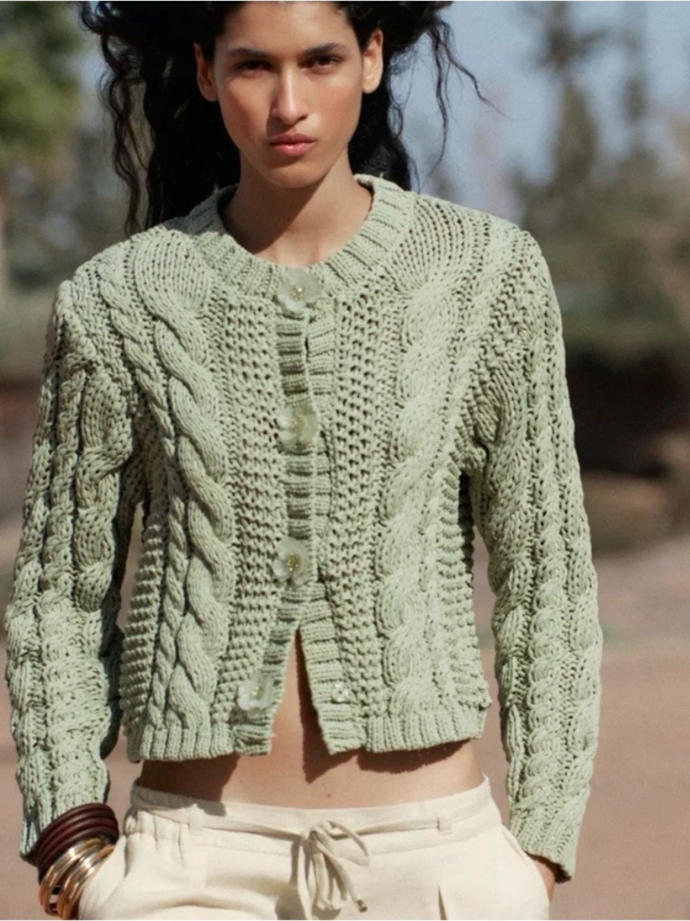 Zara Mint Green Cable-Knit Button Cardigan